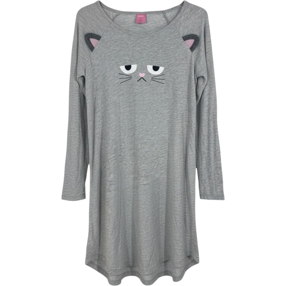 Jenni Jennifer Moore Gray Grumpy Cat Long Sleeve Sleep Shirt Nightgown Medium
